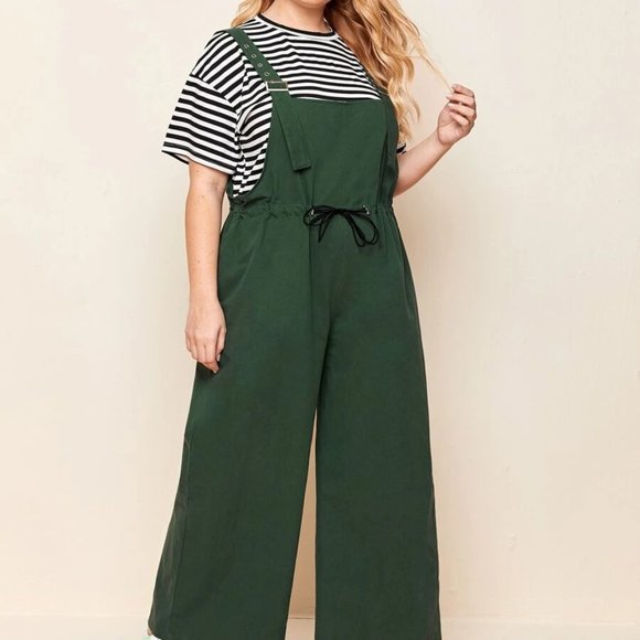 SHEIN Plus Size Army Green Stripe Print Tee With Overall Jumpsuit Size 5X